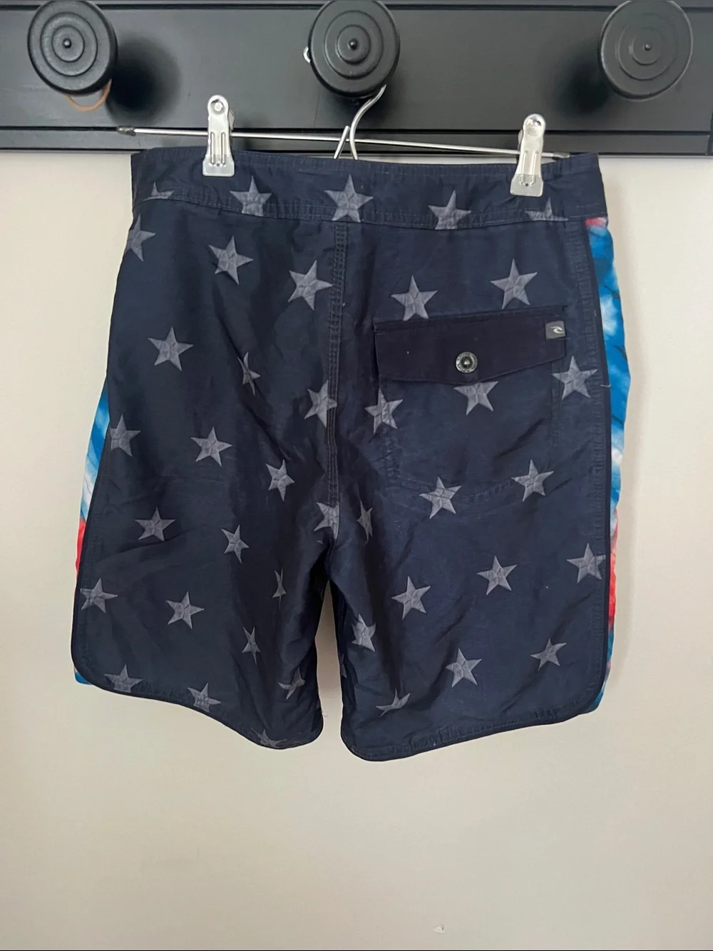 Rip Curl Men’s Navy Star Swim Shorts with Red & Blue Tie-Dye Sides